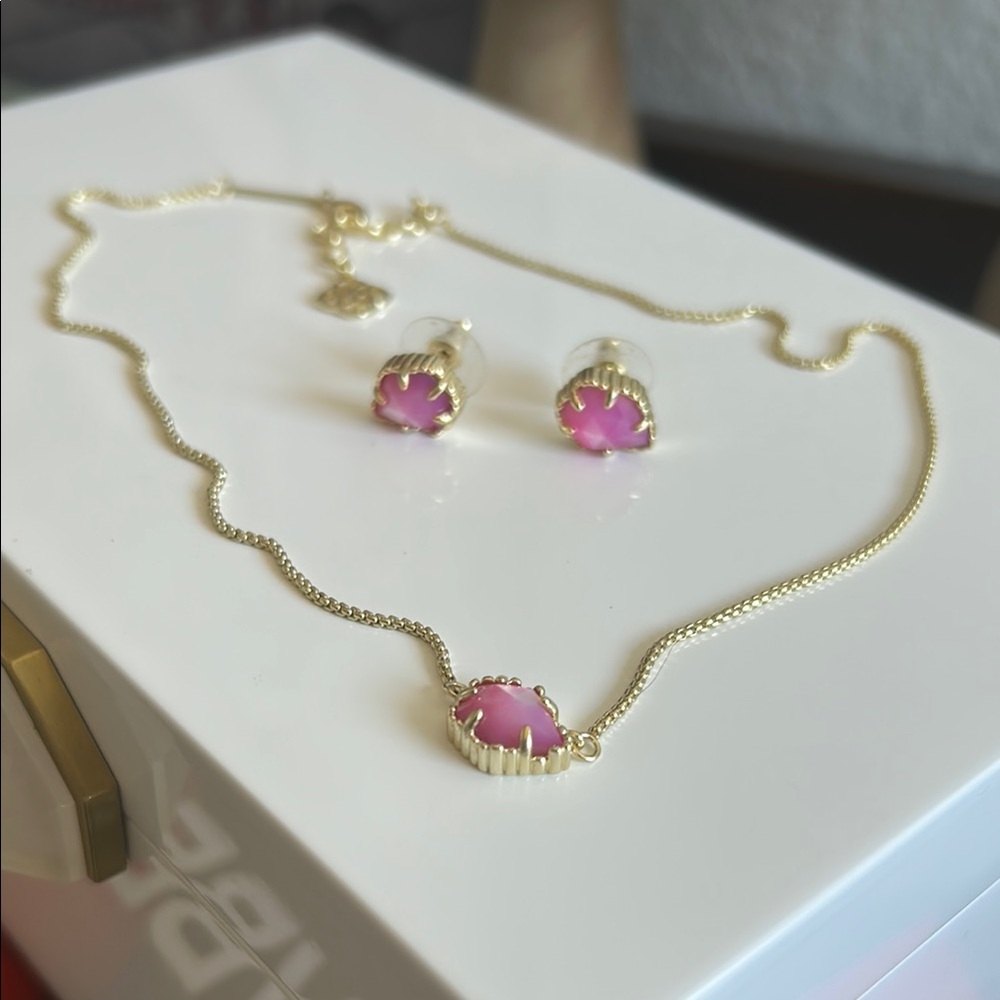 Kendra Scott Dillards Tess and Tessa Gold and Pink Stone Necklace and Earrings